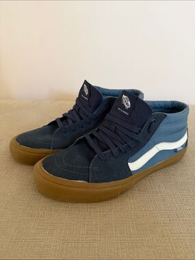 Vans Navy and Light Blue Mid-Top Sneakers with Gum Sole